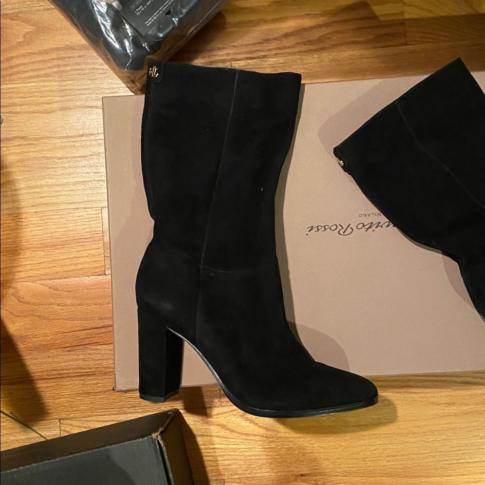 NEW Lauren Ralph Lauren Black Suede Mid-Calf Heel Boots - Picture 2 of 8